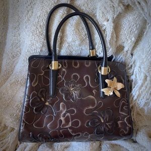 Brahmin Chelsea Brown Umbria Leather Bag Gold Embossed Floral Hibiscus Design